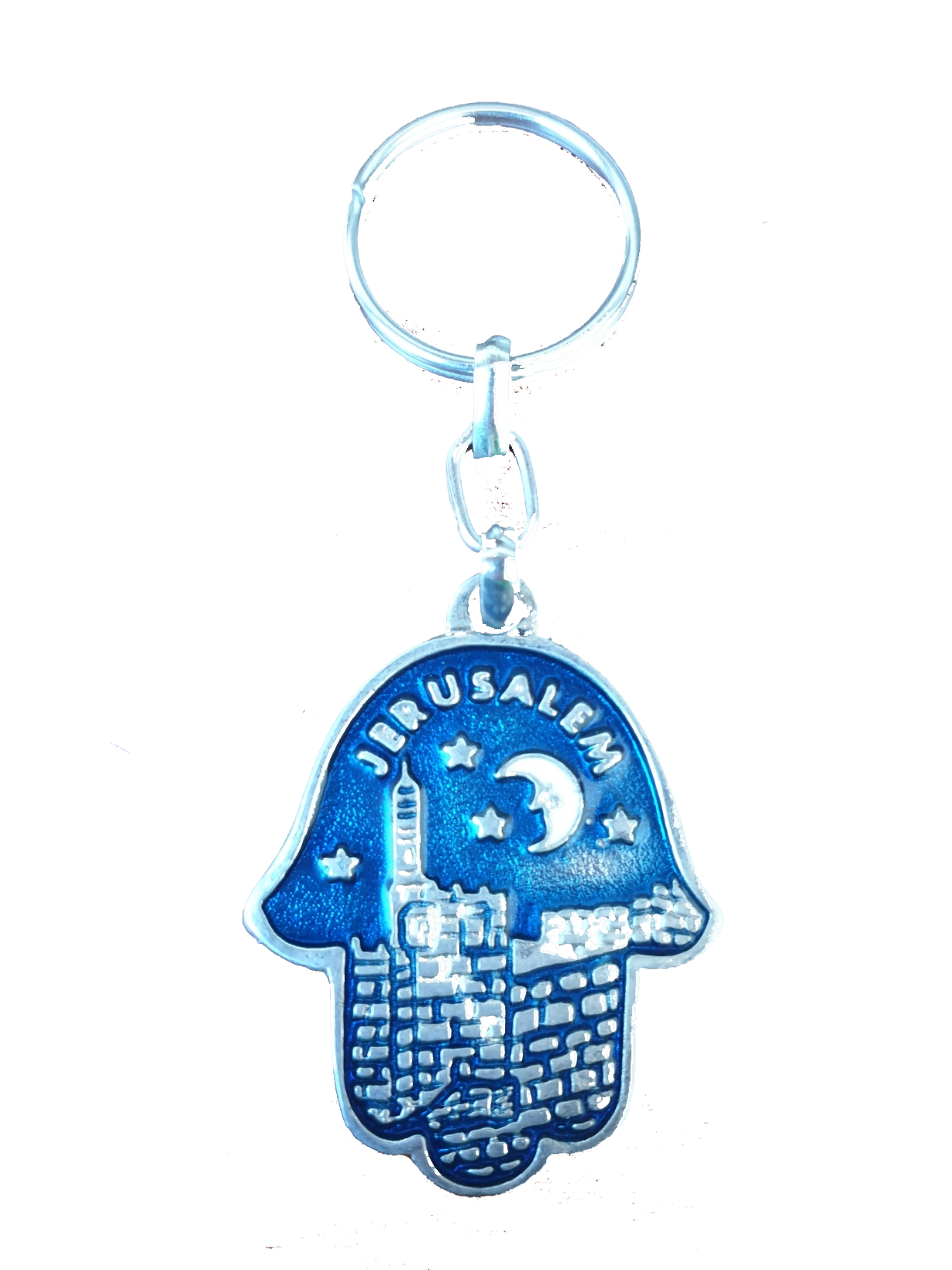 A blue and silver hamsa-shaped keyring with a raised design of Jerusalem.